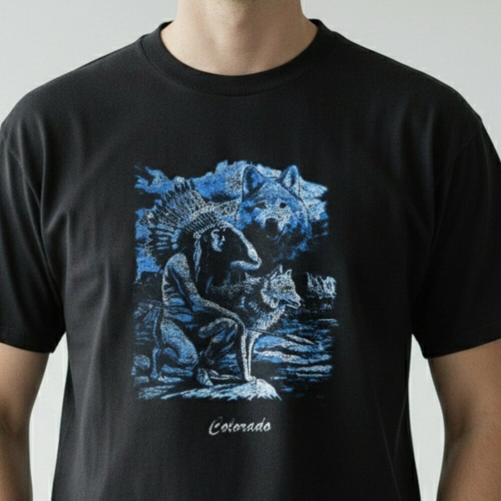 Vintage 1990's Wolf Native American Indian Hunter Colorado Jerzees Tee Shirt XL